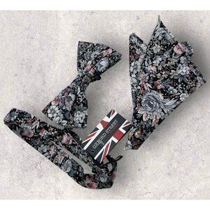 NEW OXFORD STREET Cotton Bow Tie Pocket Square 29.6" Gray Pink Floral W:2.6"